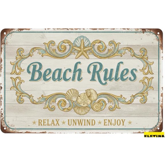 Retro Metal Tin Sign Beach Printed Art Poster Durable 8" X 12" Home Farmhouse Bar Pool Office Table Shelf Beachy Gift(beach Rules Relax Unwind Enjoy) Home Club bar Wall Art Decor Tin Sign