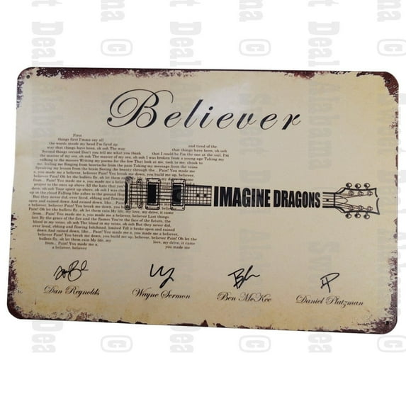 Retro Metal Tin Sign "Believer." 8" x 12" Sign, Imagine Dragons', Guitar Lyrics
