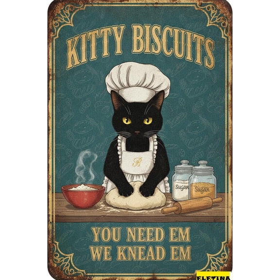 Retro Metal Tin Sign Black Cat Kitchen Cats Wall Art Cat Home Decor Cat Lovers Kitty Biscuits You Need We Knead Aesthetic Poster 8" X 12" Home Club bar Wall Art Decor Tin Sign