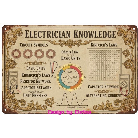 Retro Metal Tin Sign Electrician Knowledge Poster, Gift Electricians, Construction Office Decor 8x12
