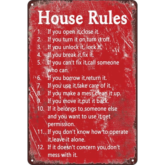 Retro Metal Tin Sign House Rules Funny Tin Signs Cave Bar Club Home Wall Art Metal Tin Sign (Aluminum) Size: 12 x 16 inch
