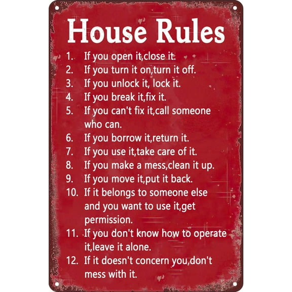 Retro Metal Tin Sign House Rules Funny Tin Signs Cave Bar Club Home Wall Art Metal Tin Sign (Aluminum) Size: 8 x 12 inch