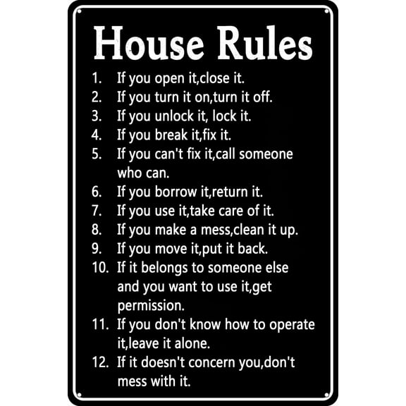 Retro Metal Tin Sign House Rules Funny Tin Signs Cave Bar Club Home Wall Art Metal Tin Sign Size: 8 x 12 inch