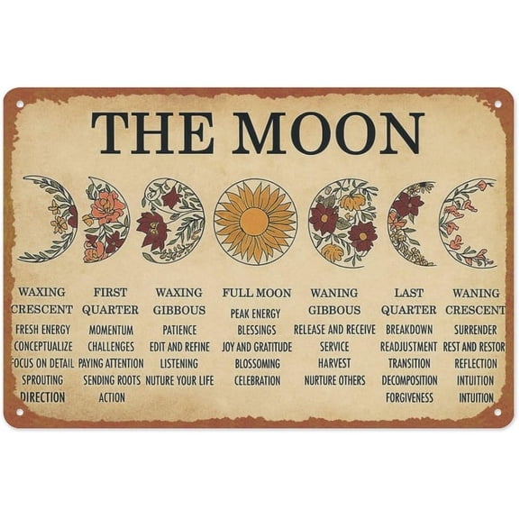 Retro Metal Tin Sign Moon Phases Meanings Witchery Wall Art for Room Home Coffee Bar Decor 8x12 Inches