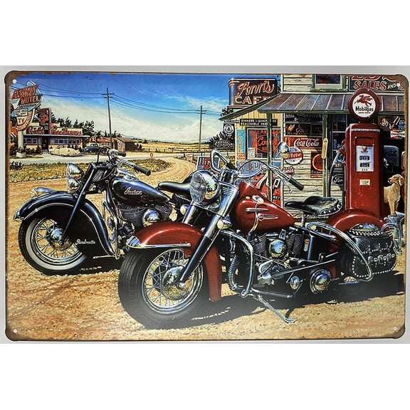 Retro Metal Tin Sign Motorcycles at Gas Station Classic Route 66 Wall Decor Plaque 8 x 12 in for Home Bar Garage Garden Man Cave