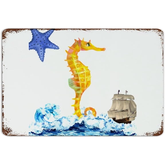 Retro Metal Tin Sign Ocean Beach Nautical Underwater Seahorse Wall Decor Plaque for House Dining Room Patio Coastal Seascape Art 8x12 Inch