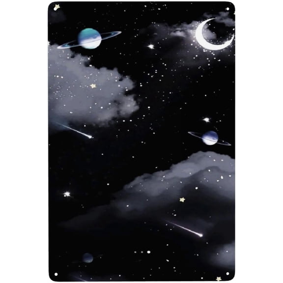Retro Metal Tin Sign Space Scene With Planets Moon And Stars Aluminum 8x12 Inch Wall Decor