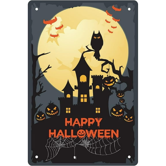 Retro Metal Tin Sign Vintage Happy with Pumpkin Sign Castle Welcome Bats Sign