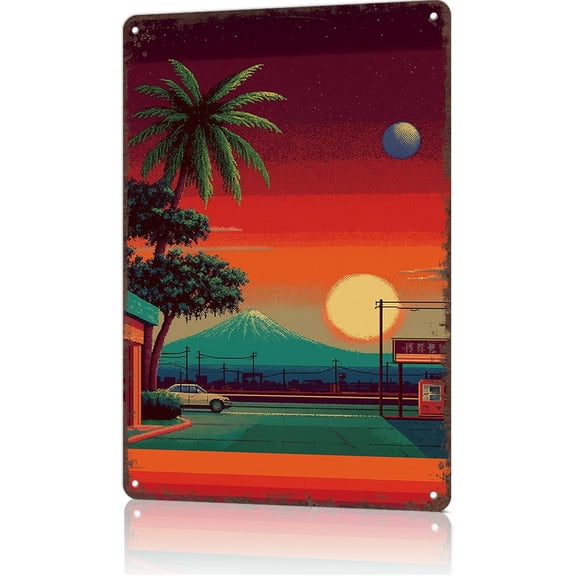 Retro Metal Wall Art Sign With Mount Fuji Palm Tree Stars and Neon Sky Aesthetic, 8 x 12 Inch Tin Sign for Home Room Office Decor