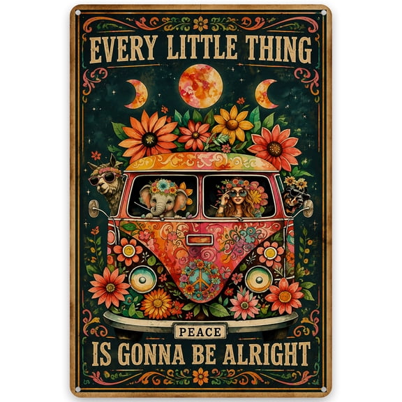 Retro Metal Wall Decor Sign for Home - Vintage Peaceful Van and Floral Design with Inspirational Words - Easy Hanging Indoor or Outdoor Art - 8x12 Inch - Rustic Bohemian Style Wall Art