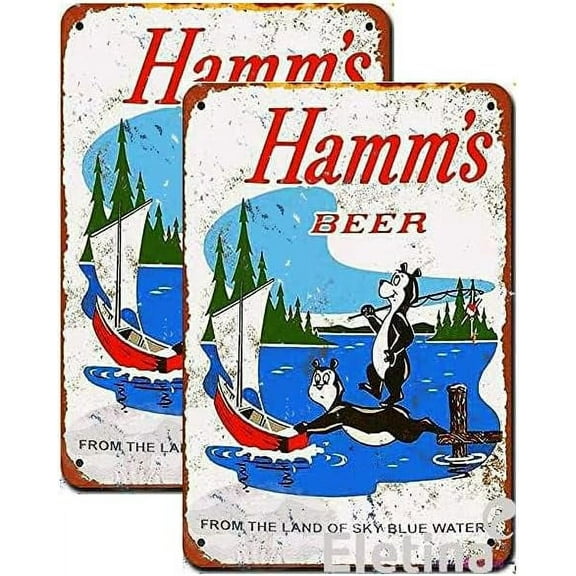 Retro Metal tin Sign 1956 Hamms Beer Bears Fishing Reproduction Sign Funny Home Cave Garage bar Wall Decoration Metal Sign 8 x 12 inch 2Pcs