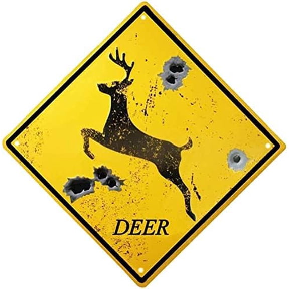 Retro Metal tin Sign Running Deer Bullet Holes Crossings Warning Street Road Living Room Kitchen Funny Home Cave Garage bar Wall Decoration Metal Sign 12 x 12 inch