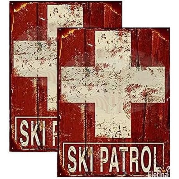 Retro Metal tin Sign Ski Patrol Lift Resort Lodge Cabin Rustic Skiing Sign Funny Home Cave Garage bar Wall Decoration Metal Sign 8 x 12 inch 2 Pcs