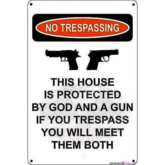 Retro Metal tin Sign No Trespassing This House is Protected God A Gun Trespass You Will Meet Them Both Sign Movie Poster Sign,Cave,Bar,Club,Home Wall Art Metal Tin Sign 12 X 8 INCH