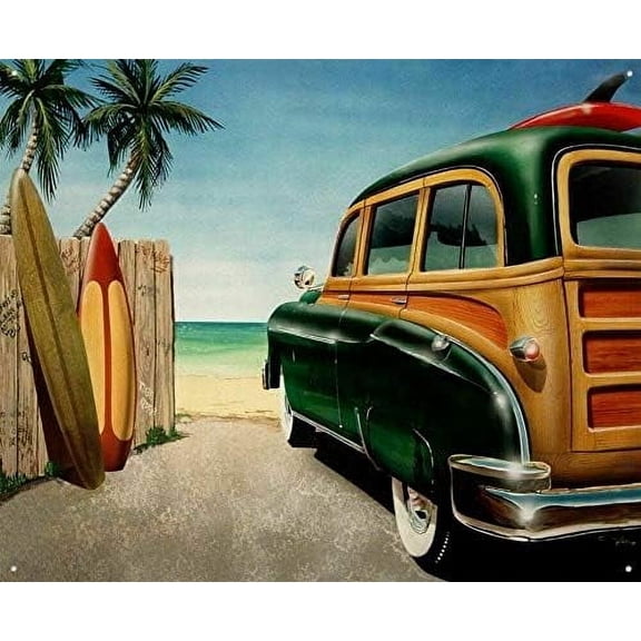 Retro Metaly Wagon Surf Board Metal Tin Sign Picture Beach Classic Car Decor Gift Retro Wall Home Bar Pub Vintage Cafe Decor, 8x12 Inch