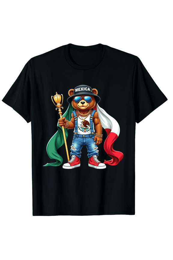 Retro Mexico Pride Bear Graphic Tee - Funny Patriotic Mexican Flag Streetwear T-Shirt - Cool Muscular Bear Mascot Apparel for Men Women
