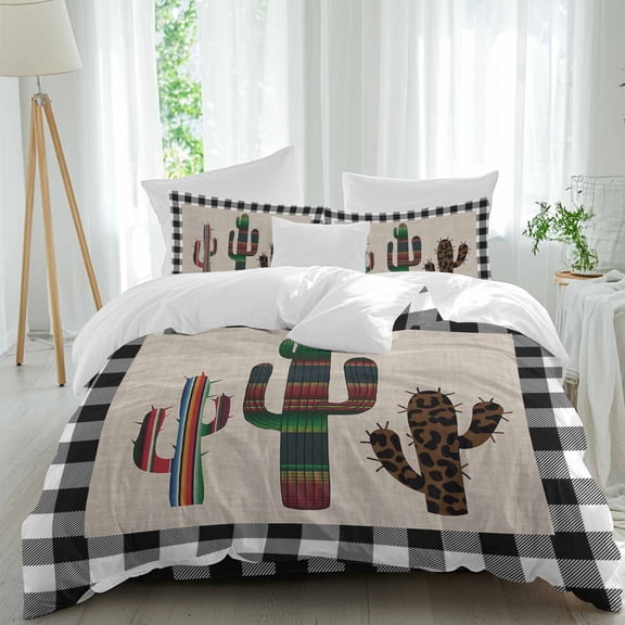 Retro Mexico Stripe Cactus Tropical Plant on Linen Full Size Bed Set,Buffalo Check Bedding for All Seasons,4 Pcs Bed Set,1 Quiltcover(86"x86"),1 Sheet(80"x116"),2 Pillowcases(30"x20")
