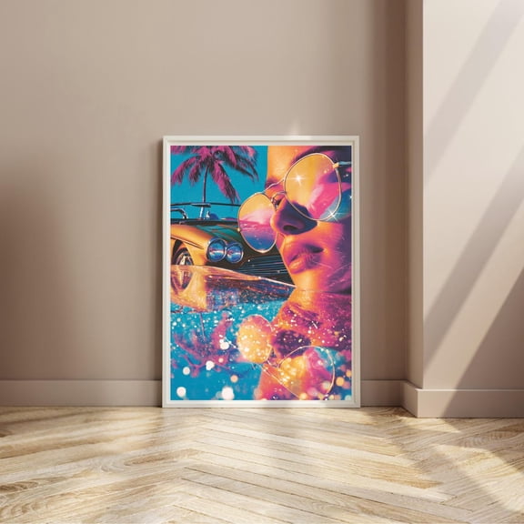 Retro Miami Art Print, Neon 80S Vaporwave Portrait Home Decor #2284, Unframed Canvas Size 16x24