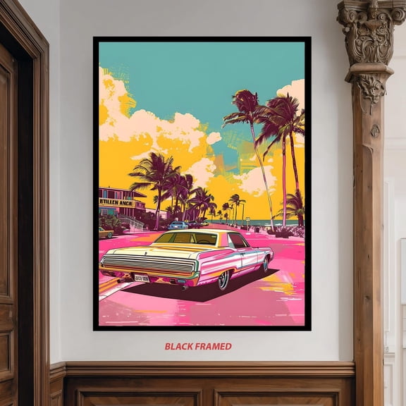 Retro Miami Car Wall Art Colorful Palm Tree Beach Road, Unframed Poster