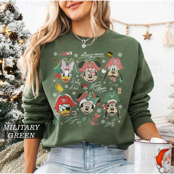 Retro Mickey & Friends Pirate Signatures Christmas Shirt, Vintage Disney Cruise Sweatshirt, Pirate’s Life Holiday Sweater, Disney Family Xmas 2025,Military Green Color,Size 2XL