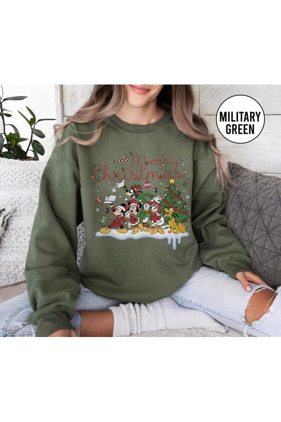 Retro Mickey & Friends Santa Disney Christmas Shirt, Mickey's Very Merry Christmas Party 2025 Sweater, Disneyland Holiday Family Sweatshirt,Military Green Color,Size L
