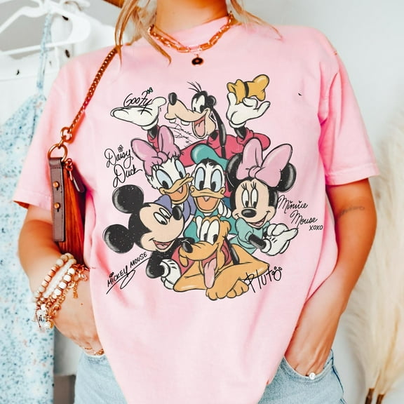 Retro Mickey and Friends Signatures Comfort Colors T-Shirt, Magical, Disney Characters, Disney Mouse Head Tee, Mickey & Co Gift,Blossom color,size L