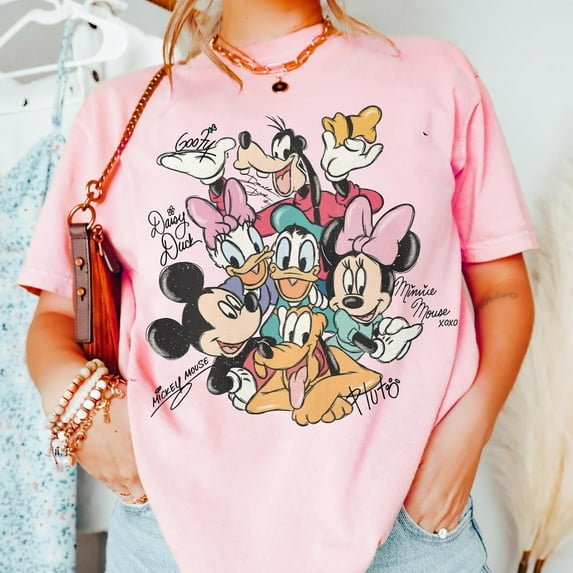 Retro Mickey and Friends Signatures Comfort Colors T-Shirt, Magical, Disney Characters, Disney Mouse Head Tee, Mickey & Co Gift,Blossom color,size M