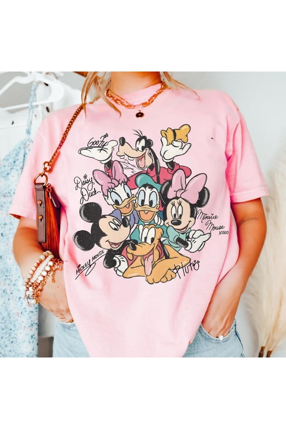 Retro Mickey and Friends Signatures Comfort Colors T-Shirt, Magical, Disney Characters, Disney Mouse Head Tee, Mickey & Co Gift,Blossom color,size M