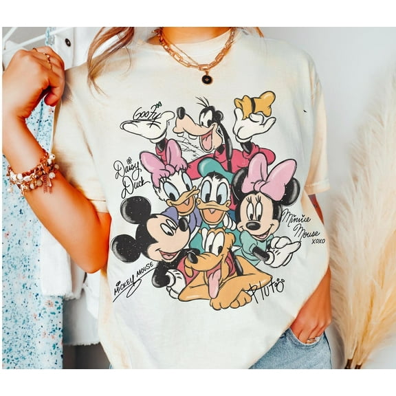 Retro Mickey and Friends Signatures Comfort Colors T-Shirt, Magical, Disney Characters, Disney Mouse Head Tee, Mickey & Co Gift,Ivory color,size 3XL