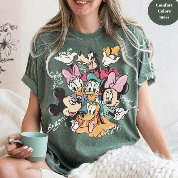 Retro Mickey and Friends Signatures Comfort Colors T-Shirt, Magical, Disney Characters, Disney Mouse Head Tee, Mickey & Co Gift,Moss color,size XL