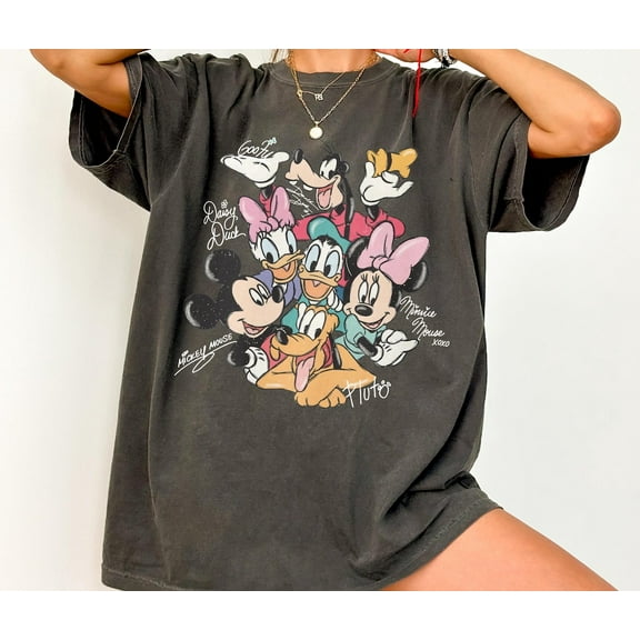 Retro Mickey and Friends Signatures Comfort Colors T-Shirt, Magical, Disney Characters, Disney Mouse Head Tee, Mickey & Co Gift,Pepper color,size XL