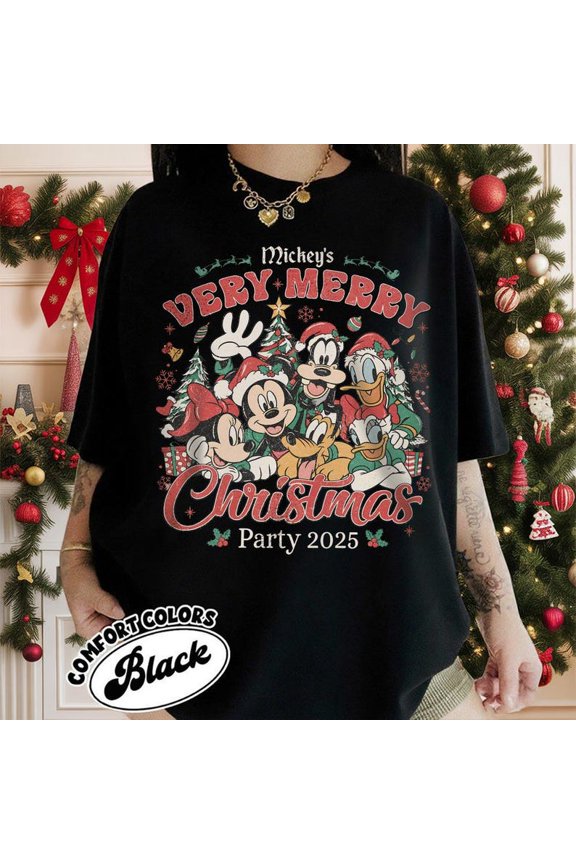 Retro Mickey's Very Merry Christmas Party 2025 shirts, Mickey And Friends Christmas Matching Tee,Black Color,Size M