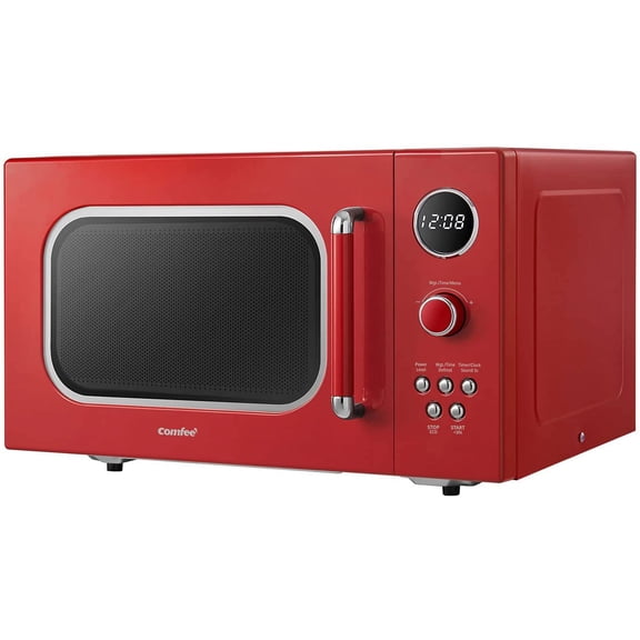 Retro Microwave with 9 Preset Programs Fast Multi-stage Cooking Turntable Reset Function Kitchen Timer Mute Function ECO Mode LED digital display 0.9 cu.ft 900W Red