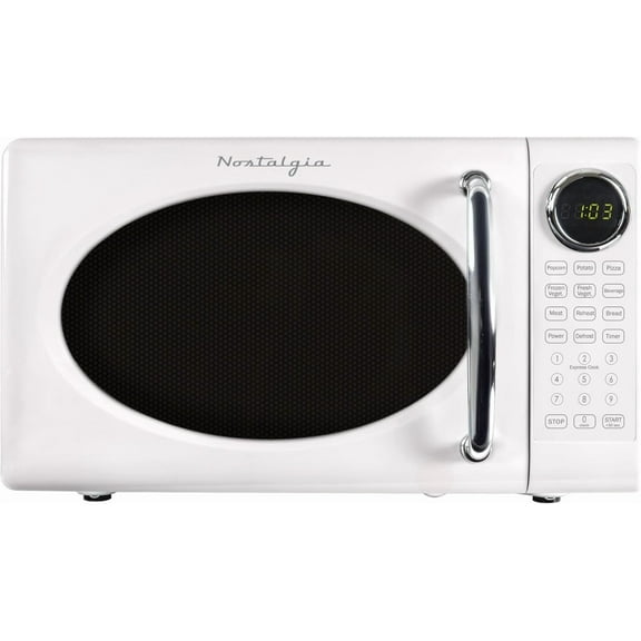 Retro Microwave Oven - 0.7 Cu Ft, 700-Watt Countertop Size with Glass Turntable, Child Safety Lock, 8 Auto-Cook Programs, Digital Clock - White