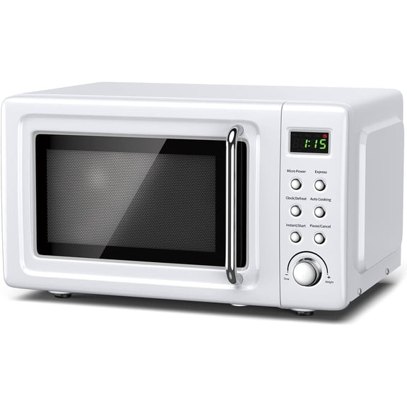 Retro Microwave Oven, 0.7cu.ft Countertop Microwave with Removable Turnable & Lock, Small Compact Microwaves w/8 Auto-cooking Set, Defrost, 5 Power & Timer, 700W, White