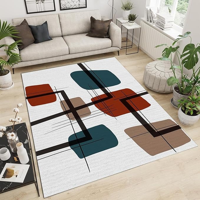 Retro Mid Century Area Rug, Non Slip Washable Carpet, Abstract Black ...