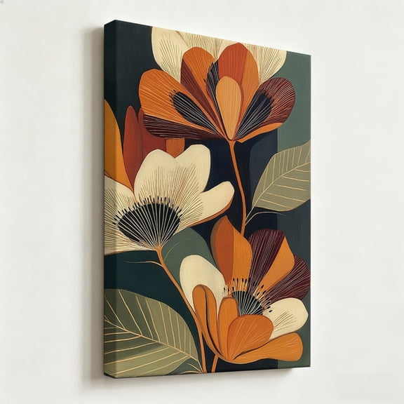 Retro Mid-Century Large Floral Canvas Wall Art Modern Abstract Botanical Painting Earth Tone Terracotta Orange and Sage Green Flowers Living Room Bedroom Dining Room Canvas Prints Ready to Hang 8*12