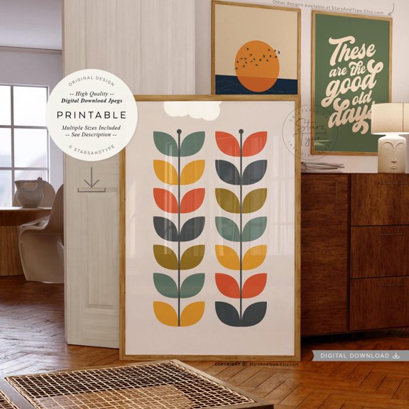 Retro Mid Century Leaves Pattern Unframed Paper Print