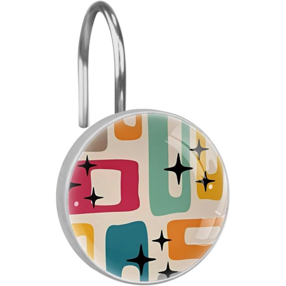 Retro Mid Century Modern Abstract Atomic Decorative Shower Curtain Hooks Rings Set of 12 Hooks for Shower Curtain Rustproof Curtain Rings for Bathroom
