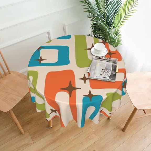 Retro Mid Century Modern Abstract Pattern Orange Chartreuse Turquoise Round Tablecloth 60 Inch Washable Reusable Table Cover Wrinkle Stain-Resistant for Kitchen Dinning Party Holiday Picnic