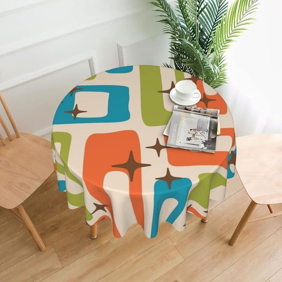 Retro Mid Century Modern Abstract Pattern Orange Chartreuse Turquoise Round Tablecloth 60 Inch Washable Reusable Table Cover Wrinkle Stain-Resistant for Kitchen Dinning Party Holiday Picnic