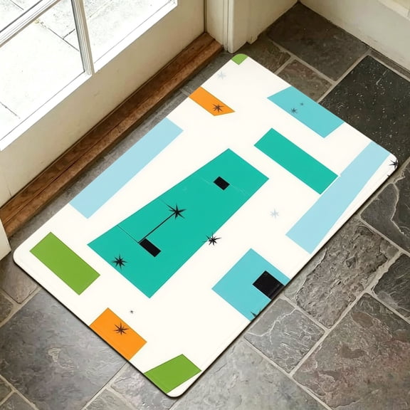 Retro Mid Century Modern Geometric Starburst Teal Orange Green Abstract Shapes Cream Background Flannel Doormat, 24"x36" Oversized Non-Slip Absorbent Floor Rug