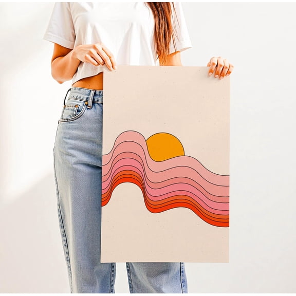Retro Mid Century Modern Sun Wall Art, Boho Sunshine Print, Unframed Paper Poster 8x10in