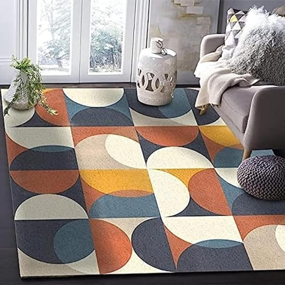 Retro Mid-Century Oval Geometric Area Rug, Simple Blue Orange Beige Print Rugs, Easy Clean Carpet Indoor Non-Slip Rug For Boys And Girls Nursery Bed Living Room Carpets Decor 1x2ft