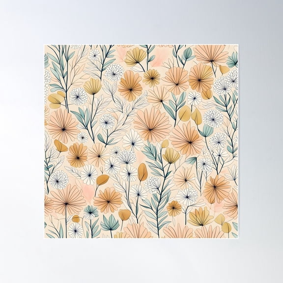 Retro, Mid Mod, Floral Pattern Cream Poster Wall Art, Modern Wall Decor For Living Room Bedroom, 17x17 UNFRAMED