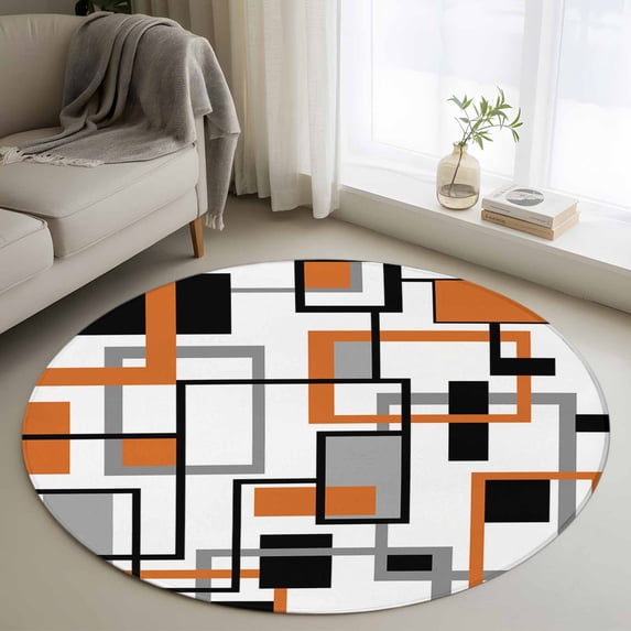 Retro Middle 3FT Round Area Rugs for Living Room Ages Abstract Geometric Orange Black Square Ultra-Thin Non-Slip Round Rugs Machine Washable Low Pile Circle Carpet for Bedroom Kitchen Nursery