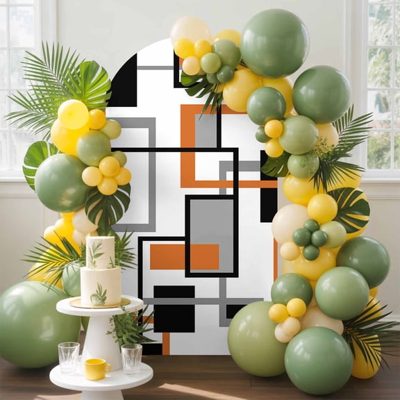 Retro Middle Arch Backdrop Cover, 6.6FT, Ages Abstract Geometric Orange Black Square Spandex Arch Covers Double-Sided Backdrop for Wedding Birthday Party Photo Background Decoration