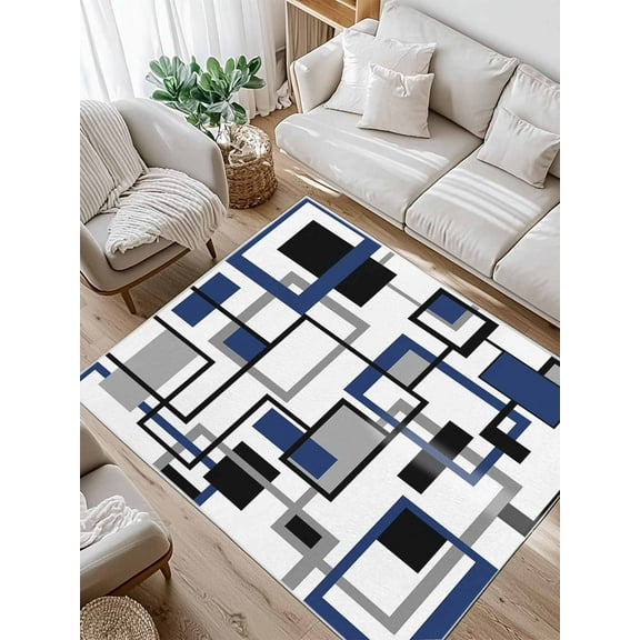Retro Middle Area Rug for Bedroom 4x6 Ft Ages Abstract Geometric Blue Black Square Super Soft fuzzy Throw Rug Non-Slip Fluffy Plush Indoor Floor Carpet for Living Room Nursery Home Decor