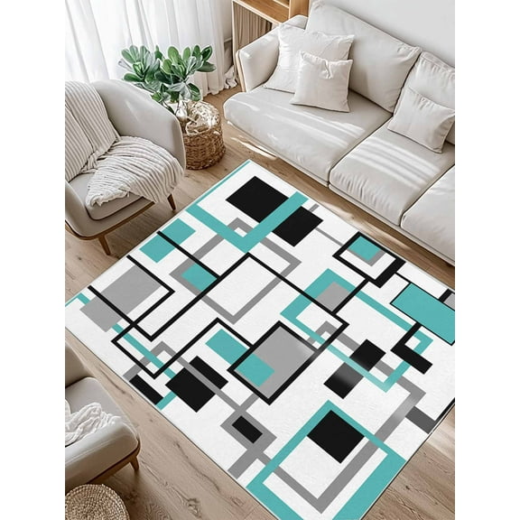 Retro Middle Area Rug for Bedroom 5x7 Ft Ages Abstract Geometric Teal Black Square Super Soft fuzzy Throw Rug Non-Slip Fluffy Plush Indoor Floor Carpet for Living Room Nursery Home Decor