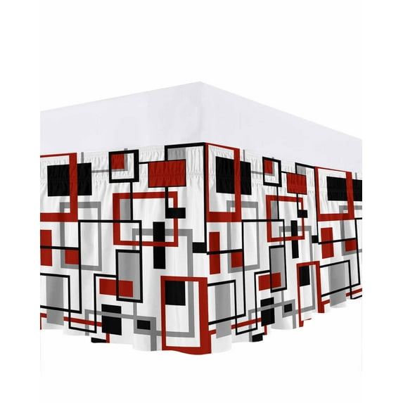 Retro Middle Bed Skirt Queen Size 16" Drop Ages Abstract Geometric Red Black Square Ruffled Wrap Around Bed Skirts Adjustable Elastic Bedskirt Dust Ruffle for Queen Size Bed